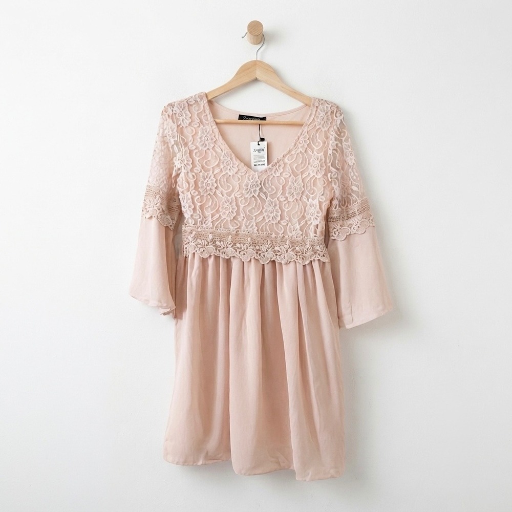 Zanzea NWT Beige Blush Lace Boho Dress Flowy Bell Sleeve Romantic Small Fairy